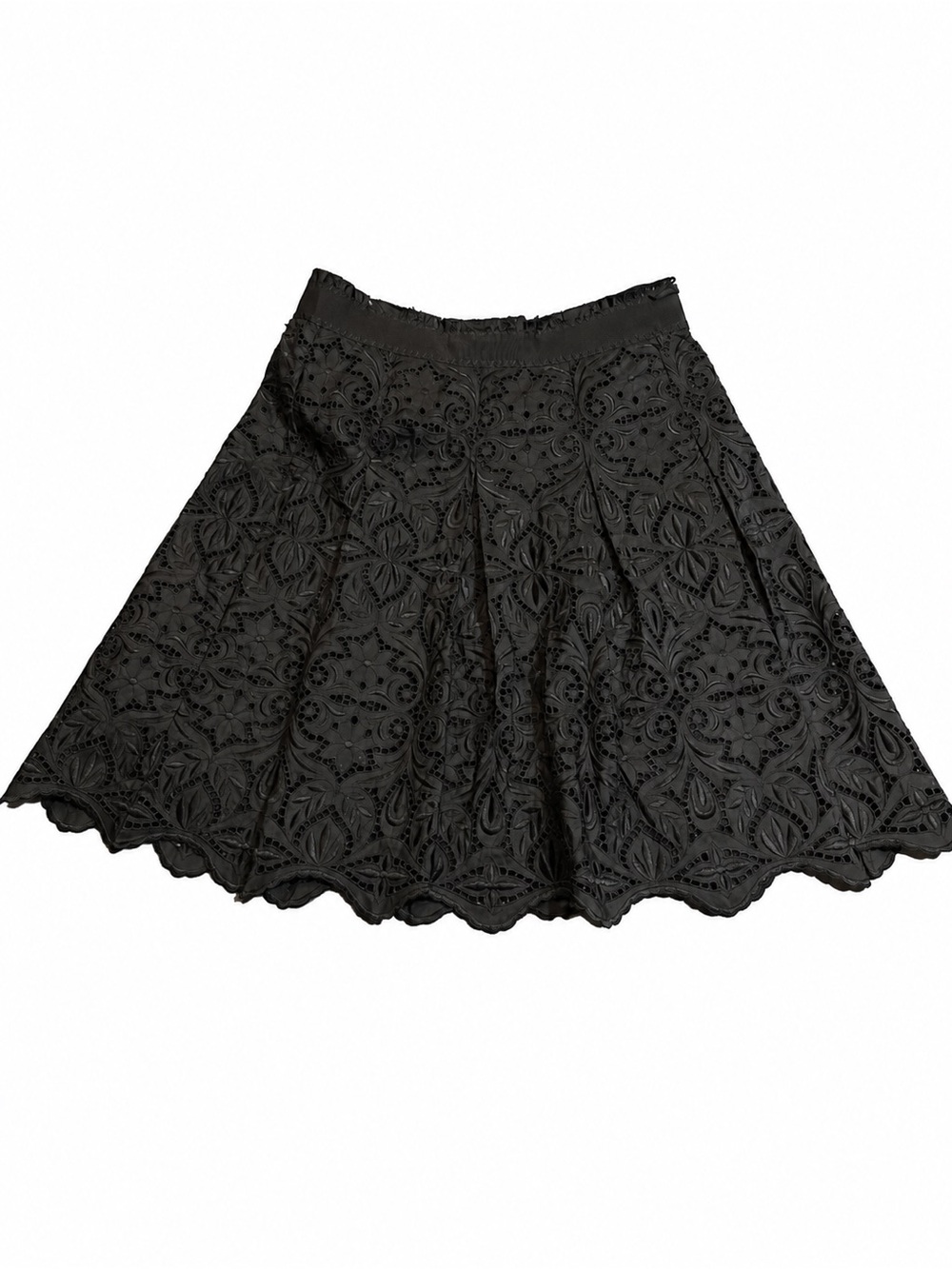 Elie Tahari Black 100% Silk Embroidered Eyelet A-Line Flare Skirt Size 6